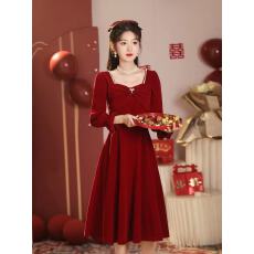 批发红色敬酒服新中式结婚订婚礼服<b class='q'>裙</b>小个子结婚长袖女高级感连衣<b class='q'>裙</b>