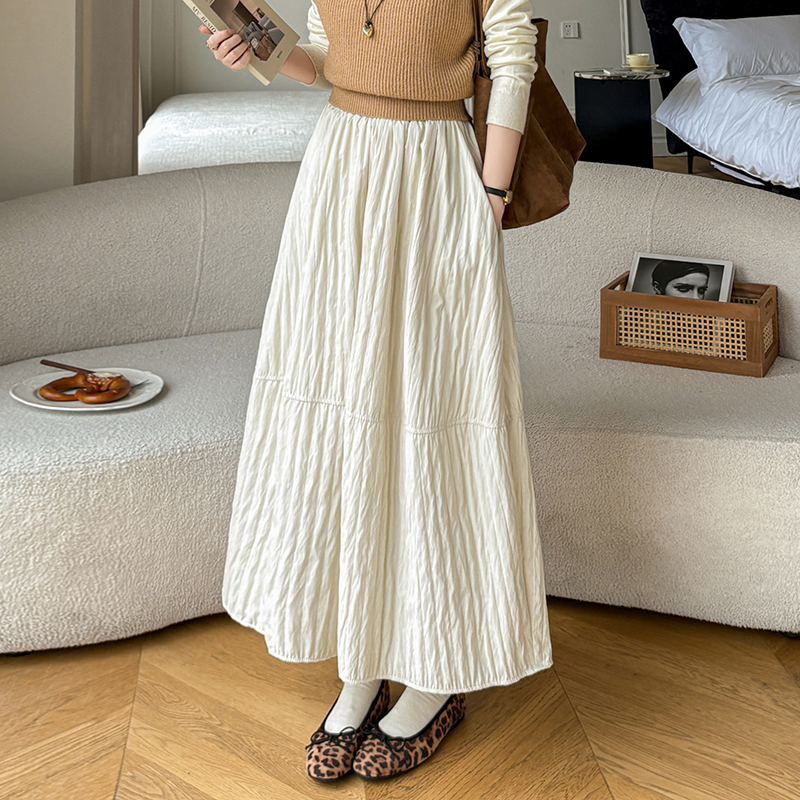 韩系新款白色夹棉半身裙女松紧腰显瘦加绒中长裙羽绒棉a字伞裙