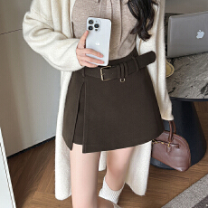 批发毛呢短裤裙女秋冬A字裙裤拼接腰带a字<b class='q'>半身裙</b>裤女呢子高腰短裤靴裤