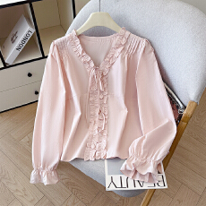 批发2026春新款韩系设计感百褶木耳边小v领<b class='q'>甜美</b>气质荷叶边衬衫女上衣