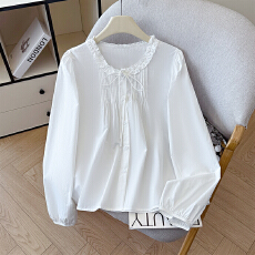 批发2026春新款韩系设计感百褶木耳边系带<b class='q'>甜美</b>气质荷叶边衬衫女上衣