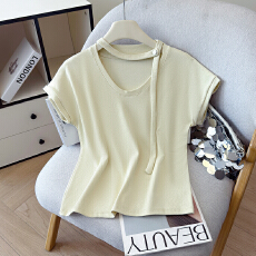 批发2026夏新款小性感镂空飘带短袖白色T恤女<b class='q'>休闲</b>圆领蝙蝠袖T恤上衣女