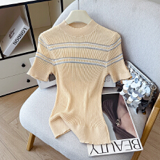 批发2026夏季新款韩版显瘦天丝麻<b class='q'>针织衫</b>小圆领设计感撞色<b class='q'>条纹</b>短袖女