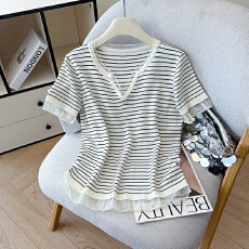 批发2026新款天丝麻<b class='q'>条纹</b>短袖t恤女夏季网纱拼接<b class='q'>针织衫</b>设计感小众上衣