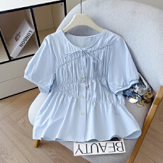 批发2026夏新款法式圆领<b class='q'>蝴蝶结</b>系带泡泡袖时尚宽松皱褶衫短袖<b class='q'>衬衫</b>上衣