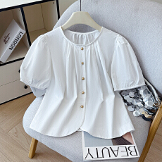 2026夏新款韩版甜美泡泡短袖金属开扣白色圆领衬衫女短袖上衣