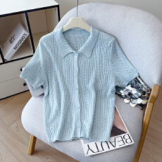 批发2026夏新款镂空翻领<b class='q'>开衫</b>女微透简约设计感冰丝亚麻<b class='q'>针织衫</b>短袖上衣