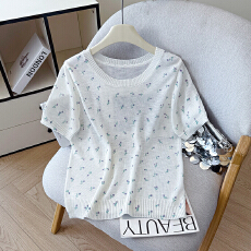 批发2026夏季新款百搭圆领<b class='q'>宽松</b>碎花印花冰丝T恤天丝麻<b class='q'>针织衫</b>上衣女