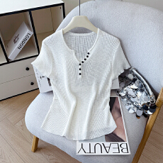 批发2026夏季新款半开开<b class='q'>圆领</b>修身条纹撞色冰丝T恤天丝麻<b class='q'>针织</b>衫上衣女