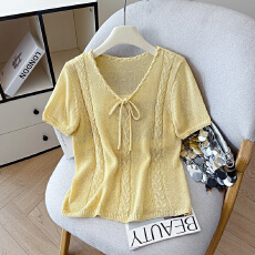 批发2026夏新款V领套头麻花天丝亚麻百搭蝴蝶结系带短袖针织衫上衣女