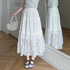 批发白色中长款半身裙女2026夏新款<b class='q'>雪纺</b>拼木耳边花朵显瘦a字<b class='q'>长裙</b>
