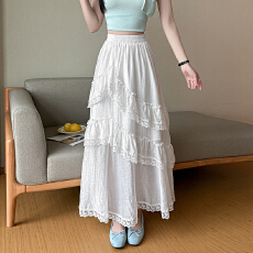 批发白色中长款半身裙女2026夏新款<b class='q'>雪纺</b>蕾丝花边荷叶边仙女裙a字<b class='q'>长裙</b>