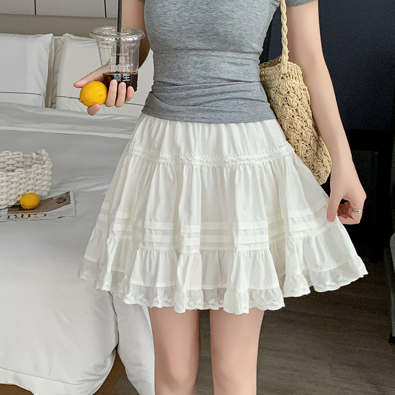白色半身裙女2026夏新款蕾丝花边百褶裙裤松紧高腰显瘦a字蛋糕裙