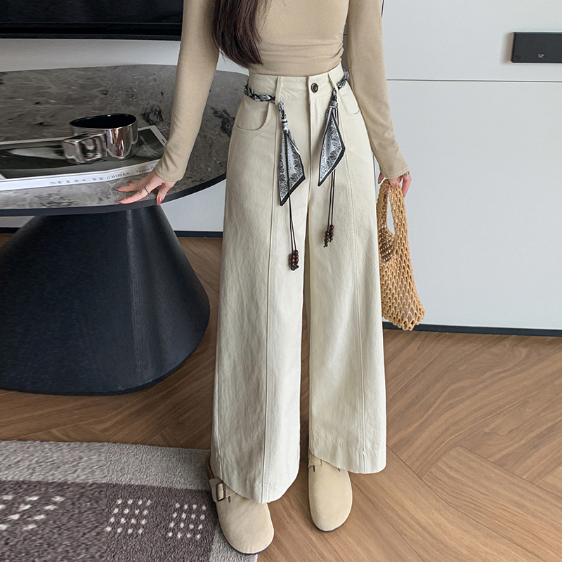 RY7586# 2026秋装新款牛仔棉高腰显瘦设计感腰带高腰长裤宽松阔腿休...