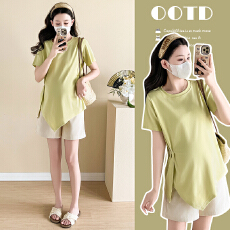 批发实拍新款<b class='q'>夏</b>季纯棉孕妇上衣圆领宽松大码设计感褶皱百搭孕妇T恤衫