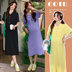 批发实拍2026新款七彩扣针织孕妇装POLO领孕妇裙子哺乳裙子