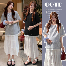 批发实拍新款孕妇<b class='q'>夏</b>装设计感钉珠蕾丝花边宽松大码短袖T恤孕妇上衣