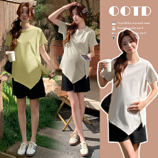 批发实拍新款<b class='q'>夏</b>季纯棉孕妇上衣圆领宽松大码设计感褶皱百搭孕妇T恤衫