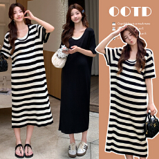 批发实拍新款夏季孕妇装针织长款<b class='q'>条纹</b>孕妇连衣裙