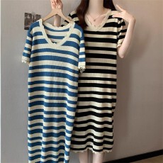 2026夏季新款V领孕妇连衣裙短袖条纹冰丝针织孕妇装产后哺乳长裙