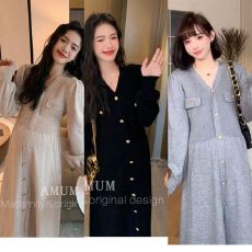 批发复古气质<b class='q'>春</b>秋孕妇装针织V领小香风法式孕妇连衣裙