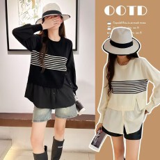 批发实拍假两件孕妇上衣<b class='q'>春</b>秋新款时尚针织孕妇装打底衫拼接哺乳衬衫