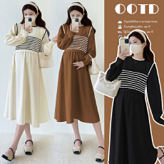 批发实拍<b class='q'>春</b>秋针织孕妇连衣裙灯笼袖条纹假两件拼接长款孕妇产后哺乳裙