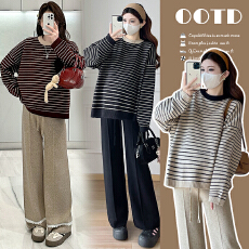 批发实拍秋冬加厚保暖针织条纹孕妇毛衣+阔腿裤两件套