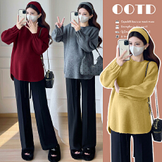 实拍慵懒风灯笼袖孕妇毛衣秋冬新款针织百搭打底上衣+阔腿裤套装