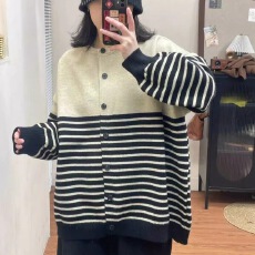 批发圆领条纹针织孕妇开衫宽松休闲<b class='q'>百搭</b>拼色打底上衣显瘦毛衣孕妇外套