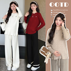 实拍新款秋冬加厚保暖圆领孕妇百搭打底衫+阔腿裤孕妇套装