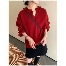 批发木耳边V领针织衫宽松套头孕妇毛衣秋冬新款高级感时尚<b class='q'>哺乳</b><b class='q'>上衣</b>