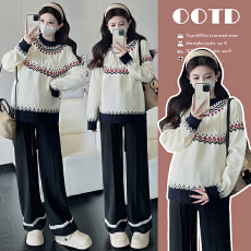 批发实拍秋冬圆领孕妇毛衣+孕妇阔腿裤软糯加厚保暖孕妇产后哺乳上衣