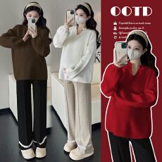 实拍木耳边V领针织衫宽松孕妇毛衣+阔腿裤两件套高级感哺乳上衣