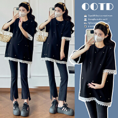 批发实拍新款孕妇<b class='q'>夏</b>装设计感钉珠蕾丝花边宽松大码短袖T恤孕妇上衣