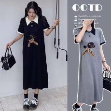 批发实拍polo领刺绣针织孕妇连衣裙夏季时尚撞色宽松孕妇装潮妈哺乳裙