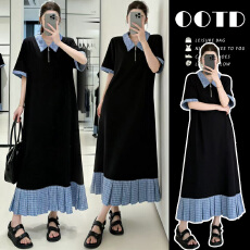 批发夏季新款格子领韩版孕妇装长款针织孕妇<b class='q'>连衣裙</b>潮妈哺乳装