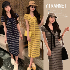 批发新款夏装休闲时尚条纹孕妇<b class='q'>连衣裙</b><b class='q'>针织</b>长款孕妇装产后潮妈哺乳裙