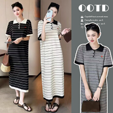 批发夏季新款孕妇POLO裙针织条纹长款韩版孕妇装产后哺乳裙