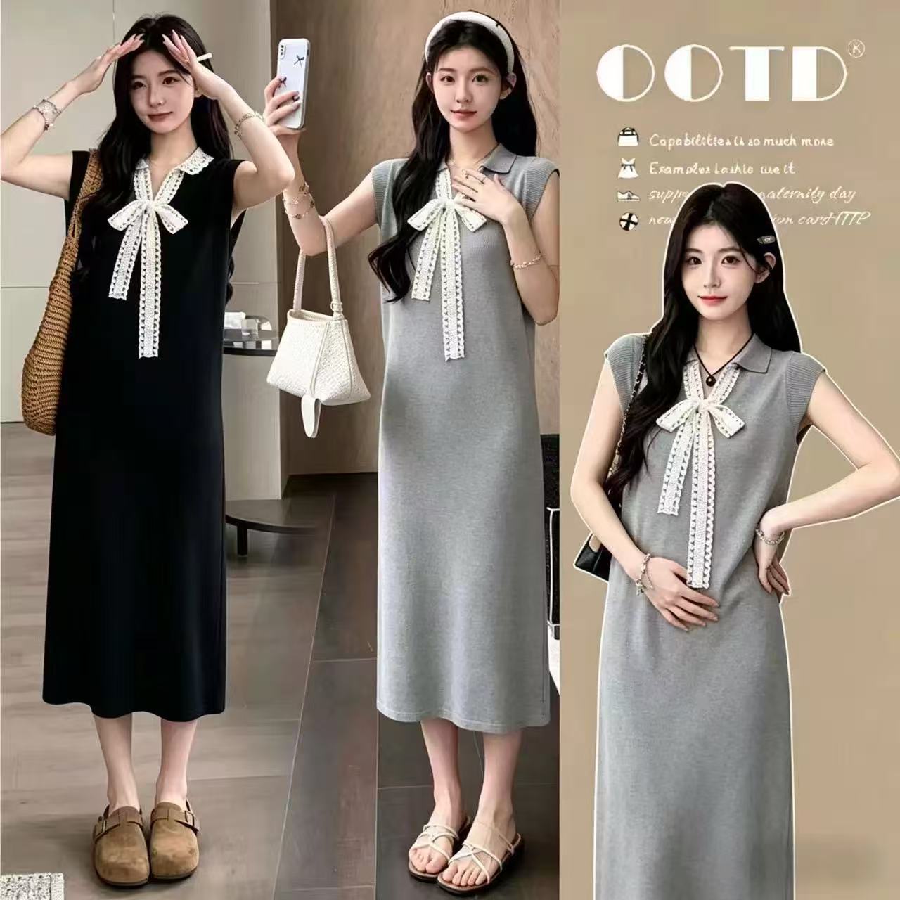 여름 새로운 레이스 나비 매듭 캐주얼 느긋한 바람 니트 V넥 임산부 드레스 트렌디 엄마 수유 치마