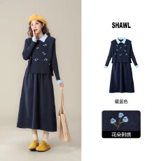 批发复古风刺绣针织毛衣孕妇套装马甲+<b class='q'>连衣裙</b>两件套产后哺乳套装
