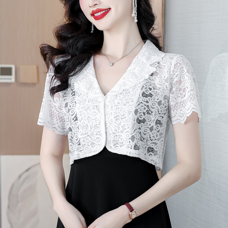 다용도 반팔 단색 칼라 작은 숄 홀로우 아웃 레이스 자외선 차단 의류 얇은 쇼트 스타일 숄