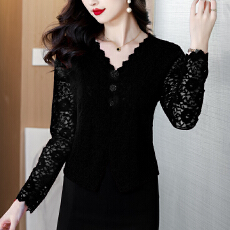 批发新款红色蕾丝收腰内搭<b class='q'>衬衫</b>轻奢高级感时尚洋气V领上衣