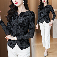 批发2026年春秋小众<b class='q'>胖</b>MM<b class='q'>时尚</b>V领提花休闲风长袖衬衫上衣