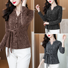 批发2026年设计感V领收腰绑带长袖T恤女<b class='q'>胖</b>MM<b class='q'>显瘦</b>加长上衣