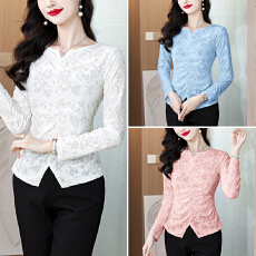 批发2026年春秋小众女装遮肚子时尚V领提花休闲风长袖衬衫上衣