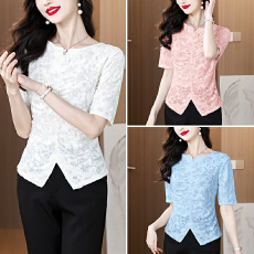 批发2026年春季小众大码女装胖MM时尚V领提花休闲风短袖衬衫上衣