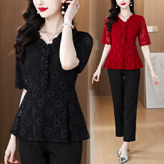 批发2026V领短袖蕾丝衫女士夏季<b class='q'>妈妈装</b>高端法式洋气显瘦上衣