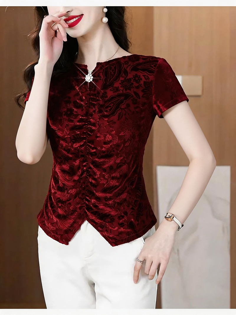 RY4244# 蕾丝v领短袖设计感衬衫气质小衫遮肚子显瘦衬衣洋气提花高级感