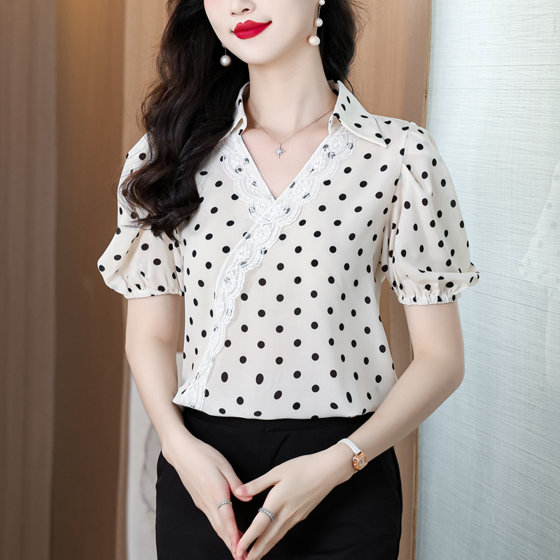 폴로 칼라 긴팔 쉬폰 셔츠 여성 2026 새로운 고급 빛 럭셔리 고급 센스 연령 감소 외국 가스 도트 무늬 맨위